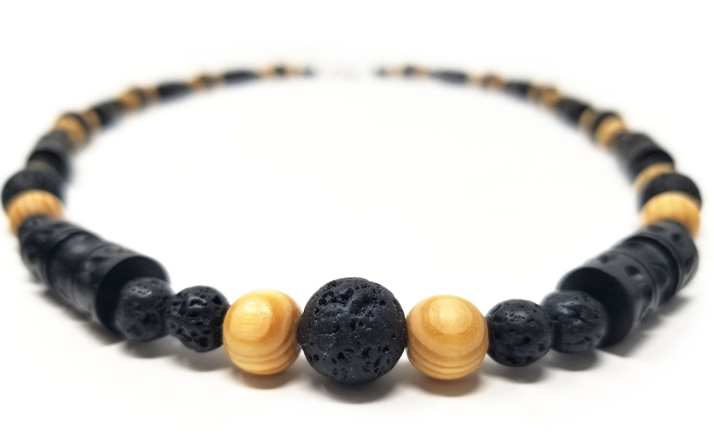 'Malomo' Black Lava Rock Necklace with Carved Wood
