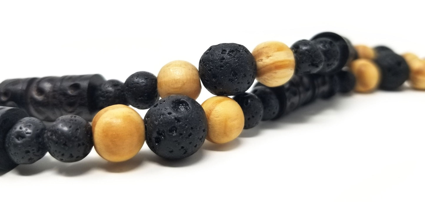 'Malomo' Black Lava Rock Necklace with Carved Wood