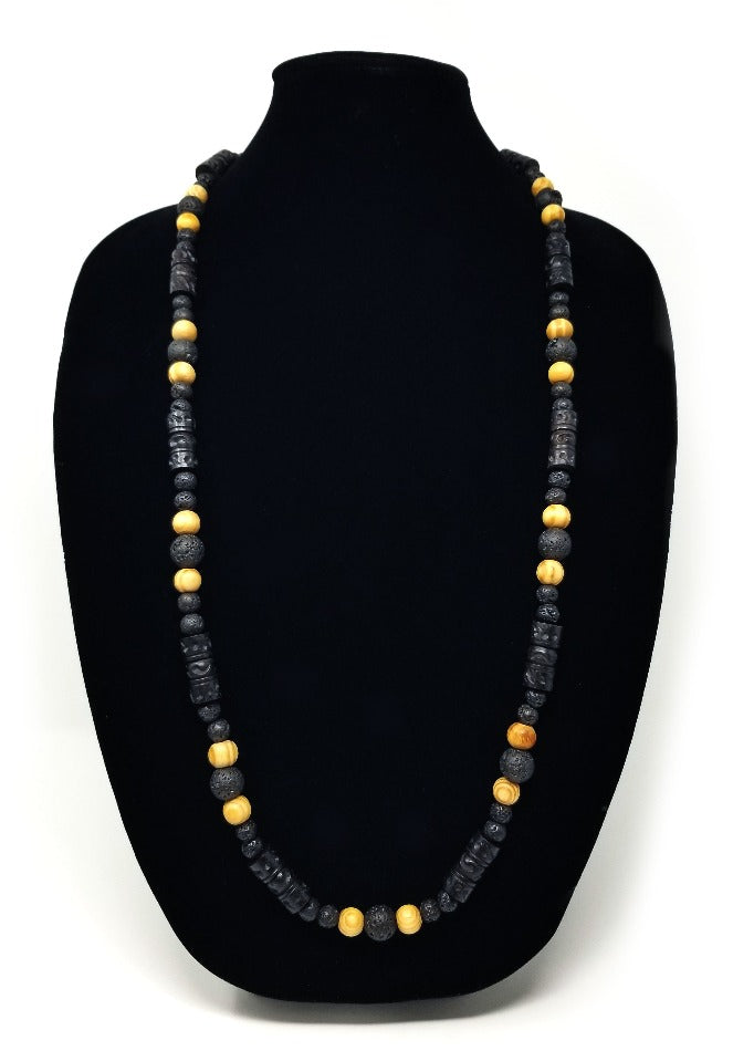 'Malomo' Black Lava Rock Necklace with Carved Wood