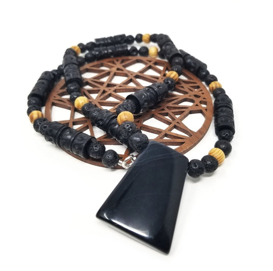 'Makalo' Black Onyx Pendant Necklace in Black Lava Rock