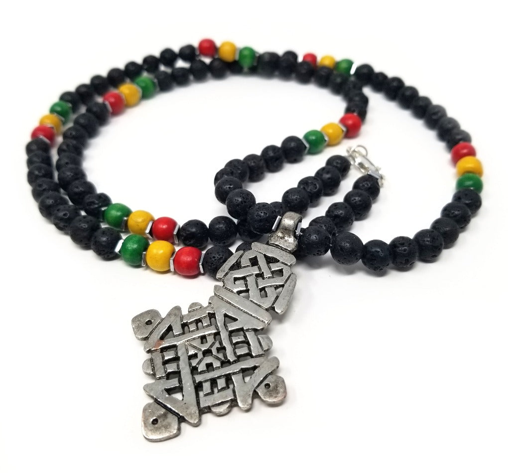 'Nabeh' Ethiopian Cross Pendant Necklace in Black Lava Rock