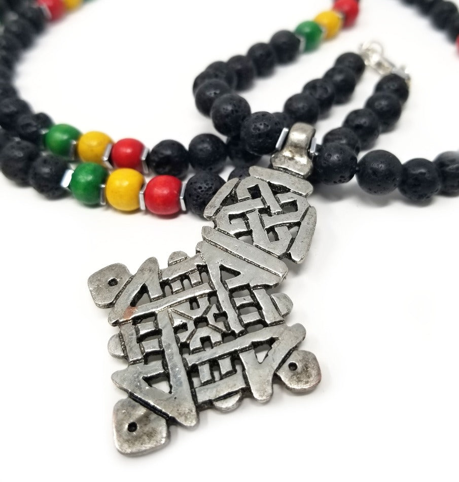 'Nabeh' Ethiopian Cross Pendant Necklace in Black Lava Rock