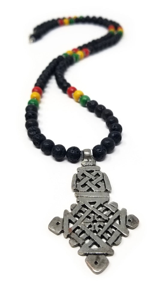 'Nabeh' Ethiopian Cross Pendant Necklace in Black Lava Rock