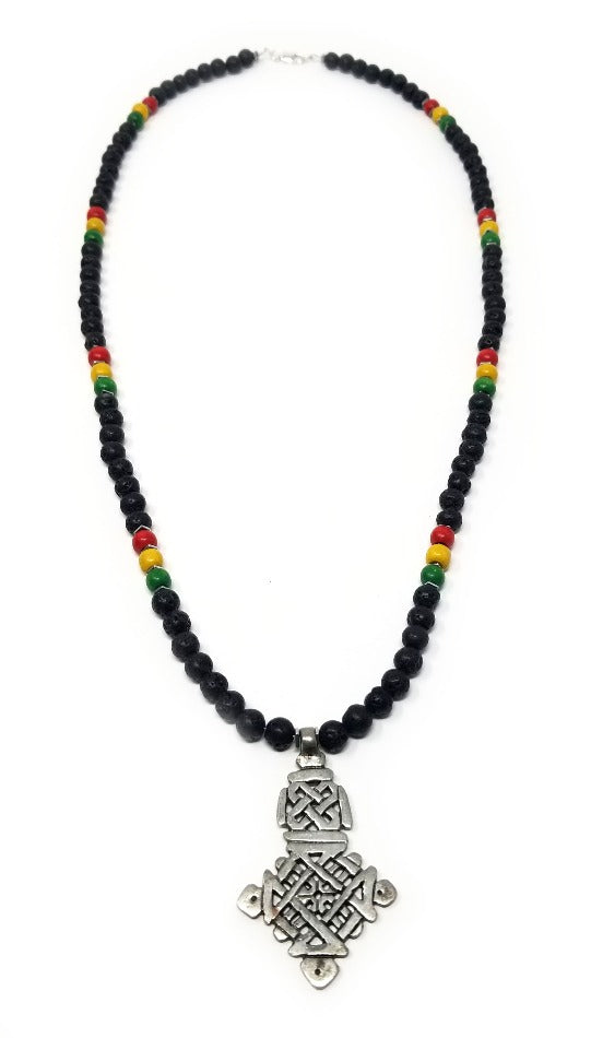 'Nabeh' Ethiopian Cross Pendant Necklace in Black Lava Rock