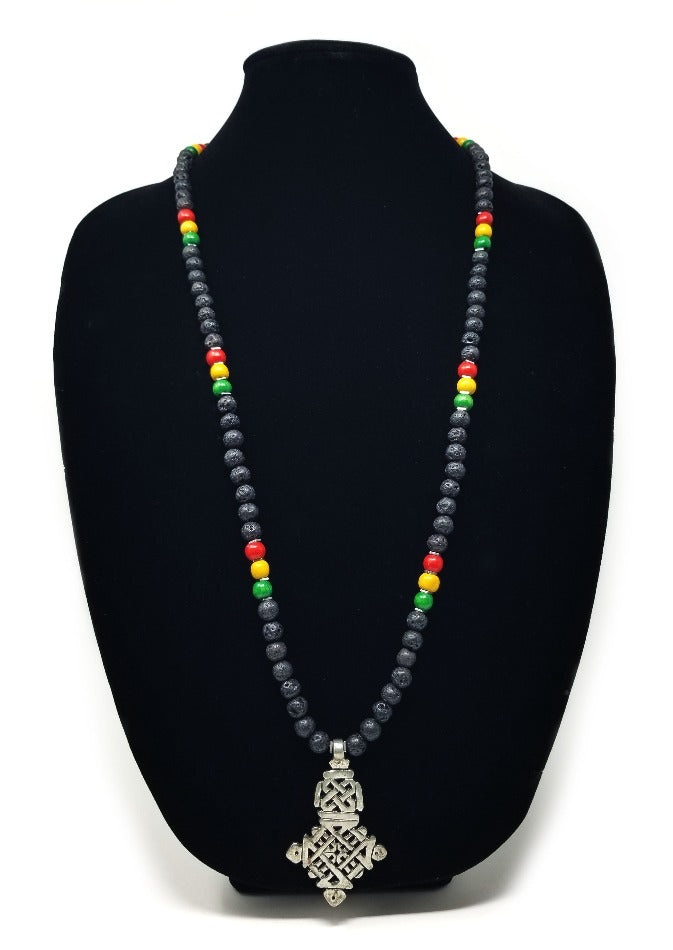 'Nabeh' Ethiopian Cross Pendant Necklace in Black Lava Rock