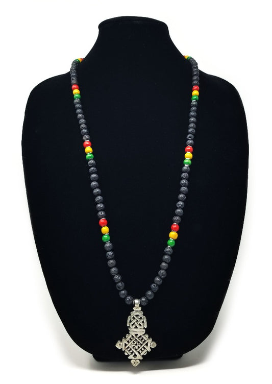 'Nabeh' Ethiopian Cross Pendant Necklace in Black Lava Rock