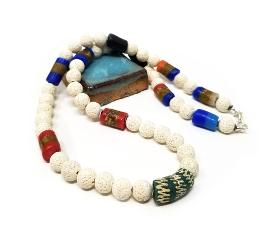 'Cheche' MultiColor African Trade Beads Necklace in White Lava Rock