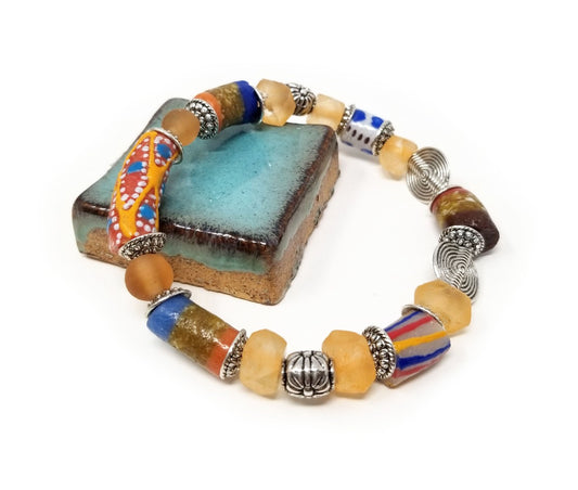 'Kitoko' African Trade Bead Bracelet in Orange Sea Glass
