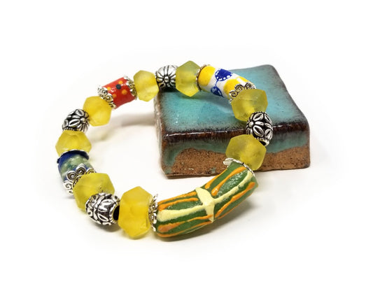 'Kofi' African Trade Bead Bracelet in Yellow Sea Glass