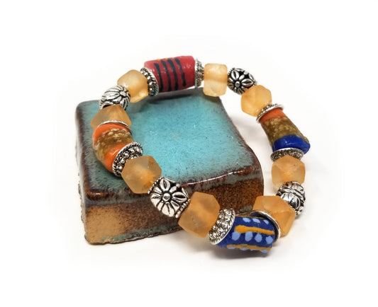 'Kosi' African Trade Bead Bracelet in Orange Sea Glass