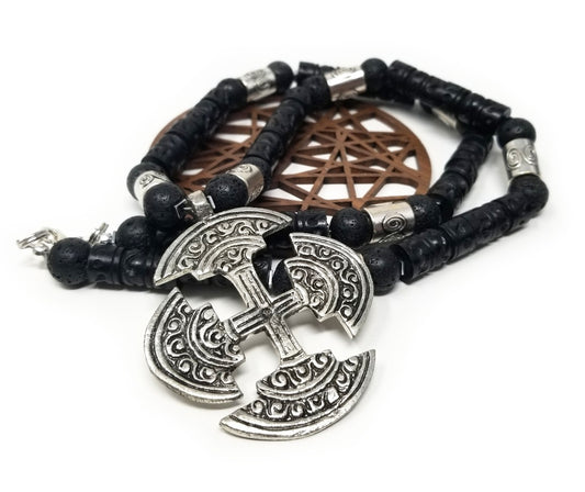 'Mahdi' Tibetan Cross Pendant Necklace in Black Lava Rock
