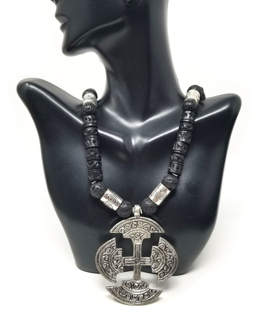 'Mahdi' Tibetan Cross Pendant Necklace in Black Lava Rock