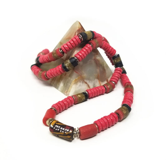 'Sabah' African Trade Bead Necklace with Red Coral