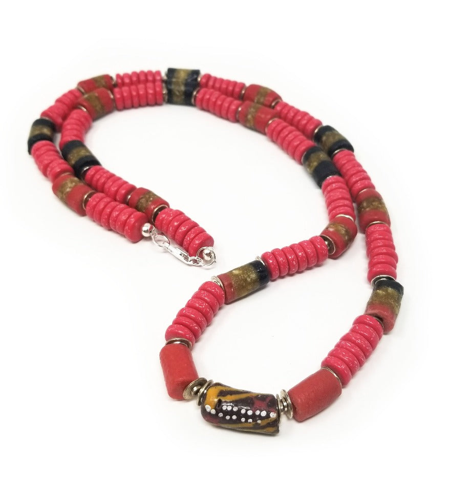 'Sabah' African Trade Bead Necklace with Red Coral