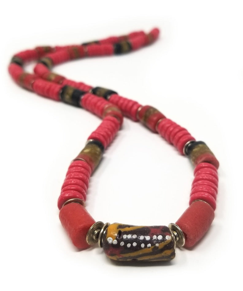 'Sabah' African Trade Bead Necklace with Red Coral