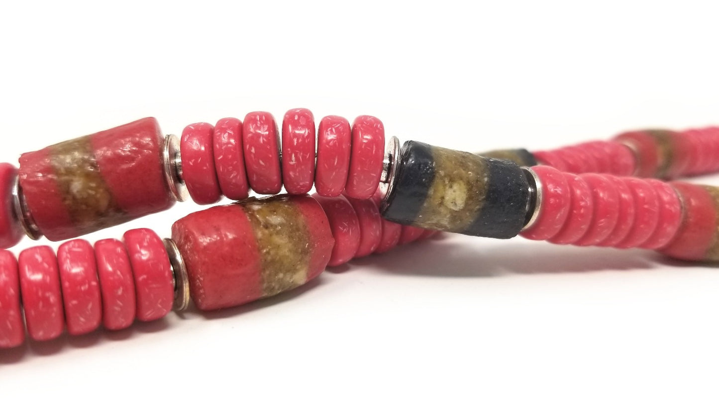 'Sabah' African Trade Bead Necklace with Red Coral