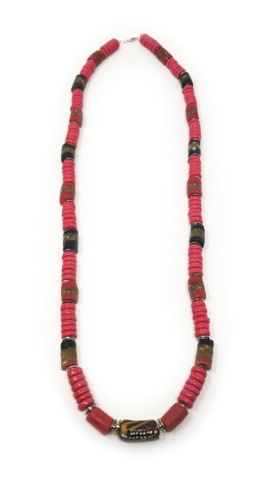 'Sabah' African Trade Bead Necklace with Red Coral
