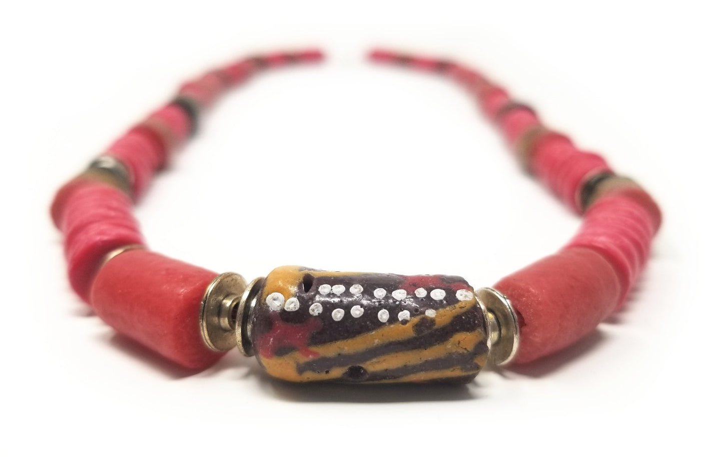'Sabah' African Trade Bead Necklace with Red Coral