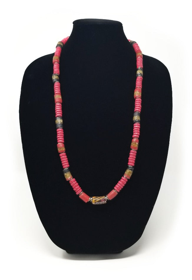'Sabah' African Trade Bead Necklace with Red Coral