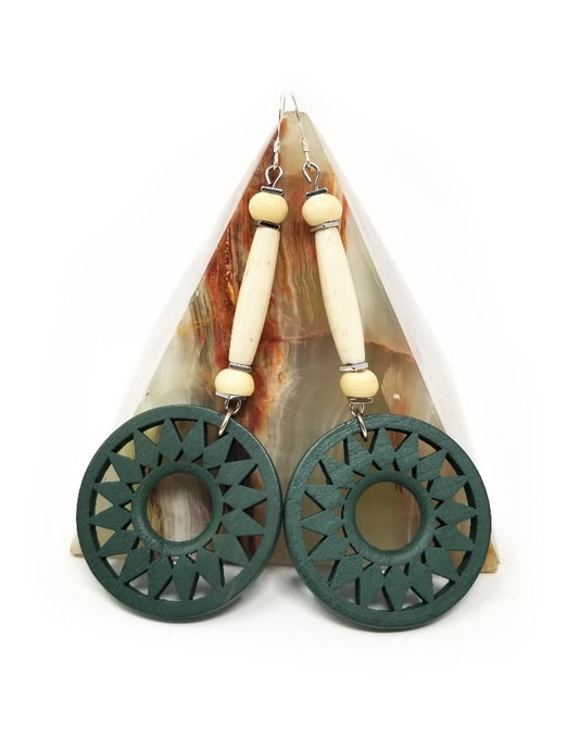 'Makena' Oversized Wood Medallion Earrings in Green