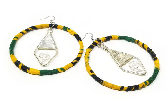 'Sekayi' Kente Wrapped Hoop Earrings with Silver Pendant