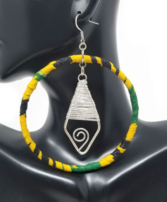 'Sekayi' Kente Wrapped Hoop Earrings with Silver Pendant