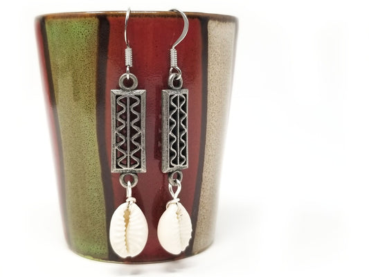 'Assata' Cowrie Shell Earrings in Silver Tribal