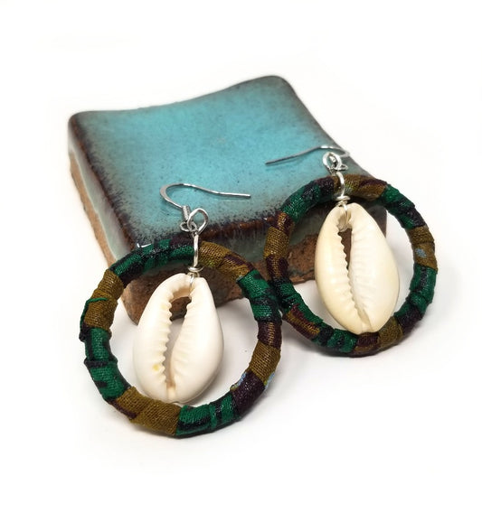 'Mala' Cowrie Shell Hoop Earrings in African Fabric