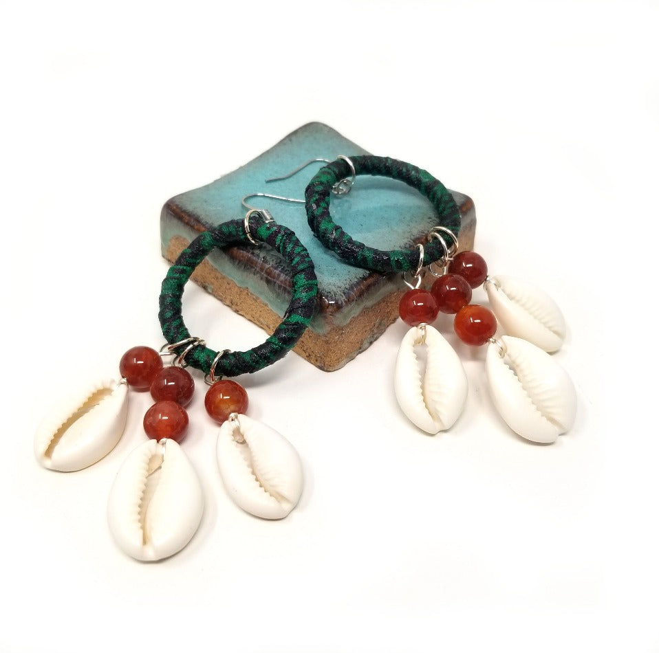 'Asya' Cowrie Shell Gemstone Earrings wrapped in African Fabric with Amber Agate