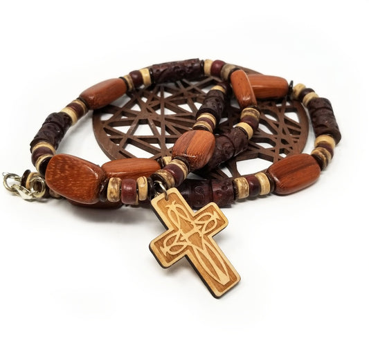 'Mawuli' Wooden Cross Pendant Necklace in Carved Wood