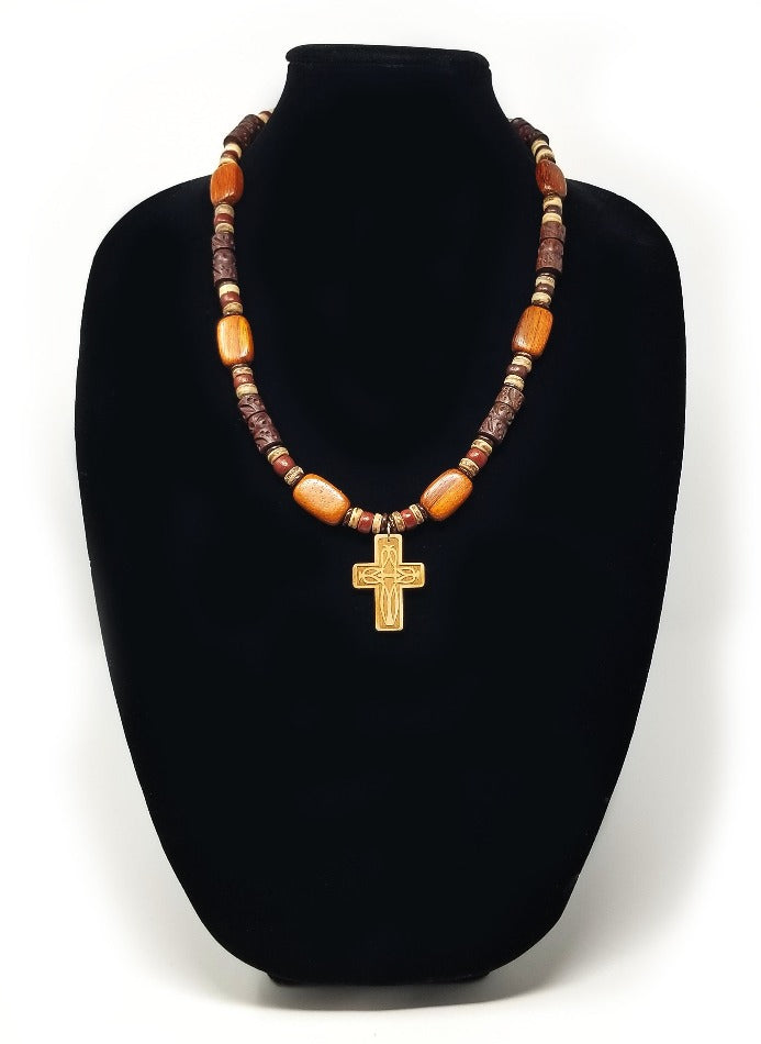 'Mawuli' Wooden Cross Pendant Necklace in Carved Wood