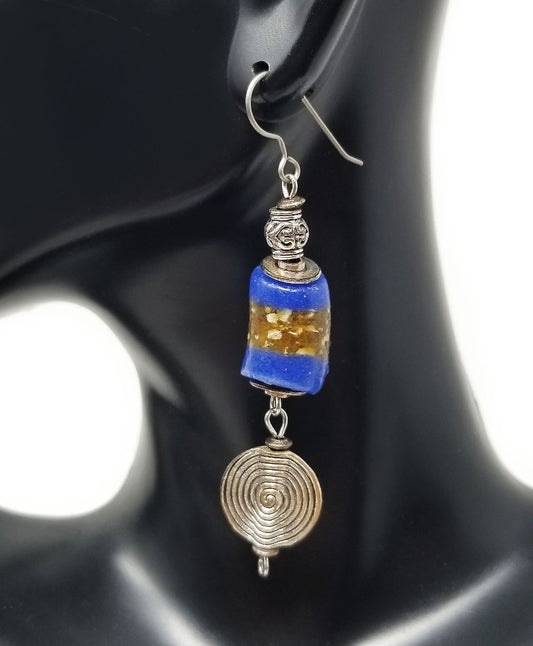 'Tsekani' African Trade Bead Earrings in Blue