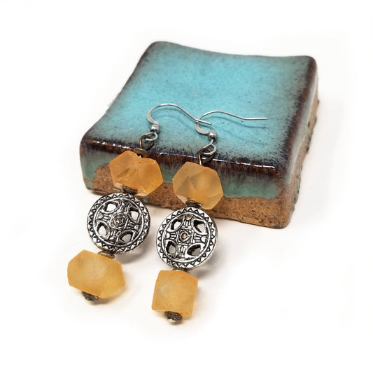 'Ata' Sea Glass Earrings in Orange and Silver Tribal