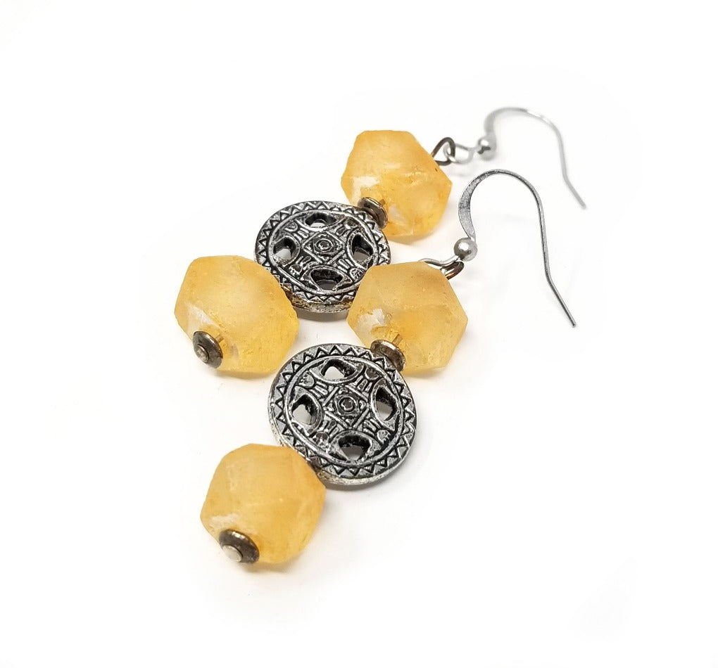 'Ata' Sea Glass Earrings in Orange and Silver Tribal