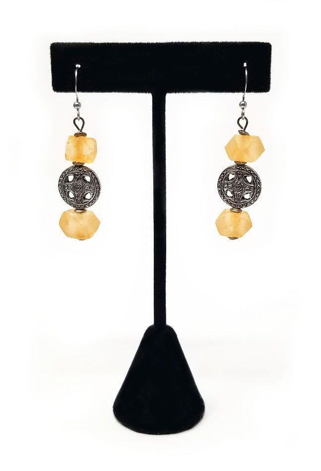 'Ata' Sea Glass Earrings in Orange and Silver Tribal
