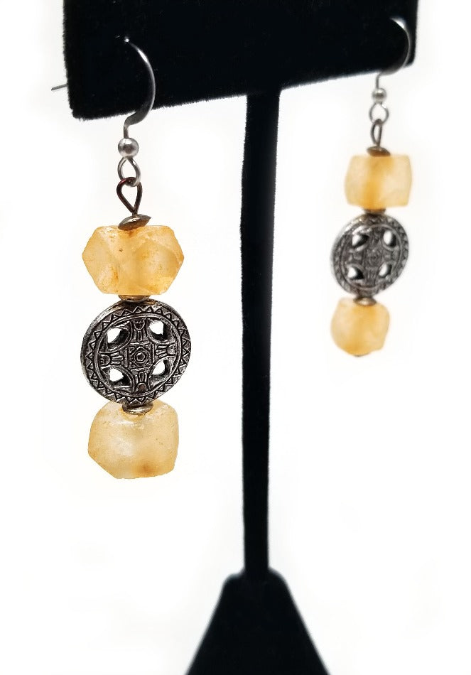 'Ata' Sea Glass Earrings in Orange and Silver Tribal