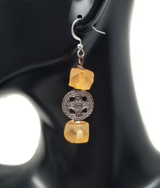 'Ata' Sea Glass Earrings in Orange and Silver Tribal