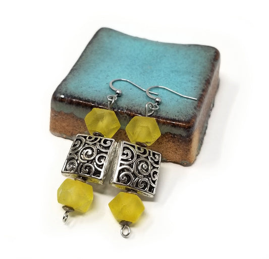 'Atsu' Sea Glass Earrings in Yellow and Silver Tribal
