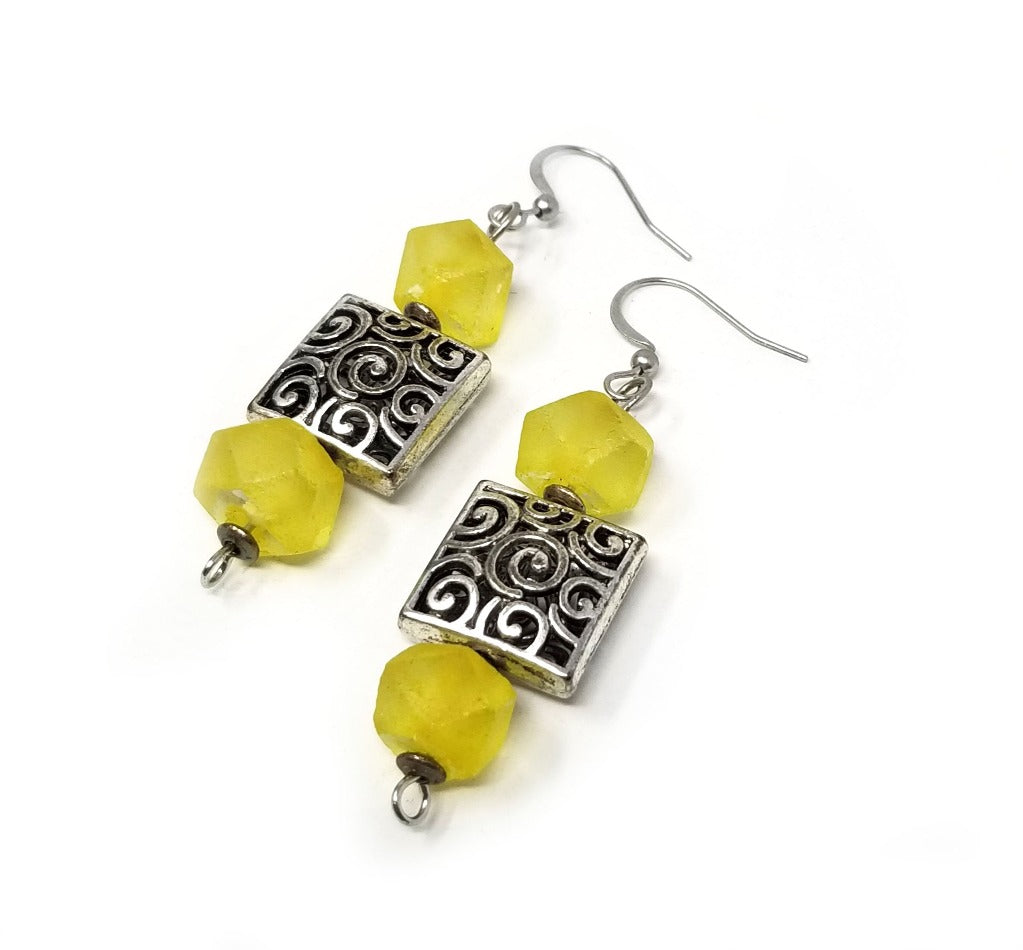 'Atsu' Sea Glass Earrings in Yellow and Silver Tribal