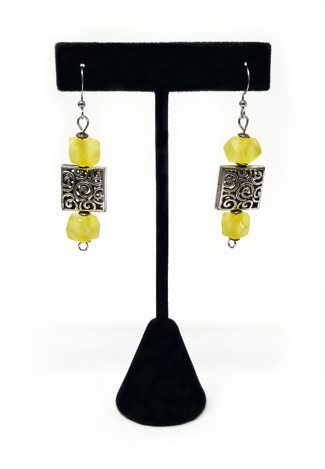 'Atsu' Sea Glass Earrings in Yellow and Silver Tribal