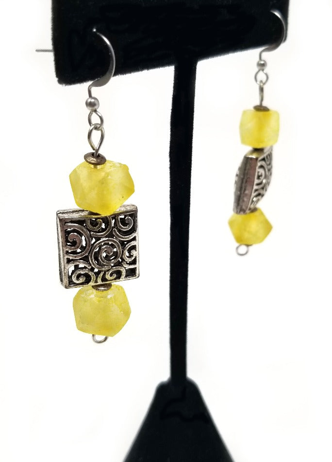 'Atsu' Sea Glass Earrings in Yellow and Silver Tribal