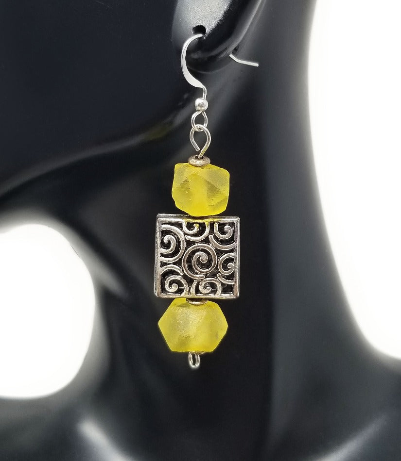 'Atsu' Sea Glass Earrings in Yellow and Silver Tribal