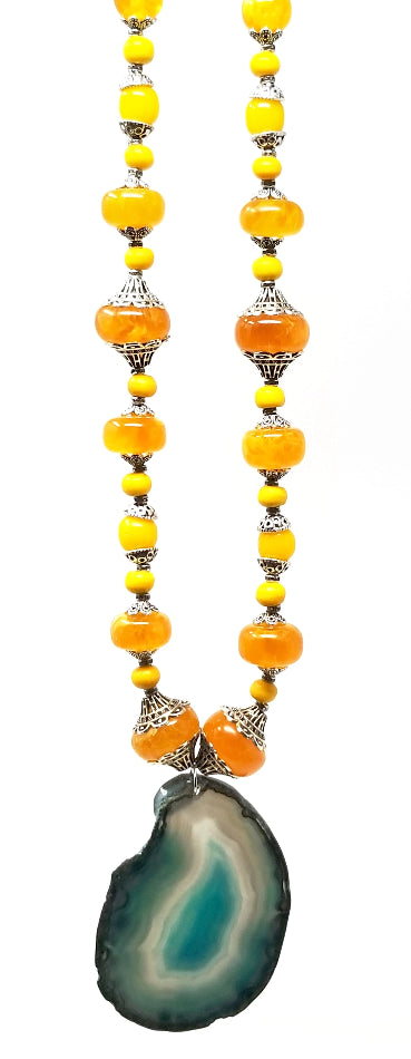 'Mkali' Blue Agate Pendant Necklace with African Amber