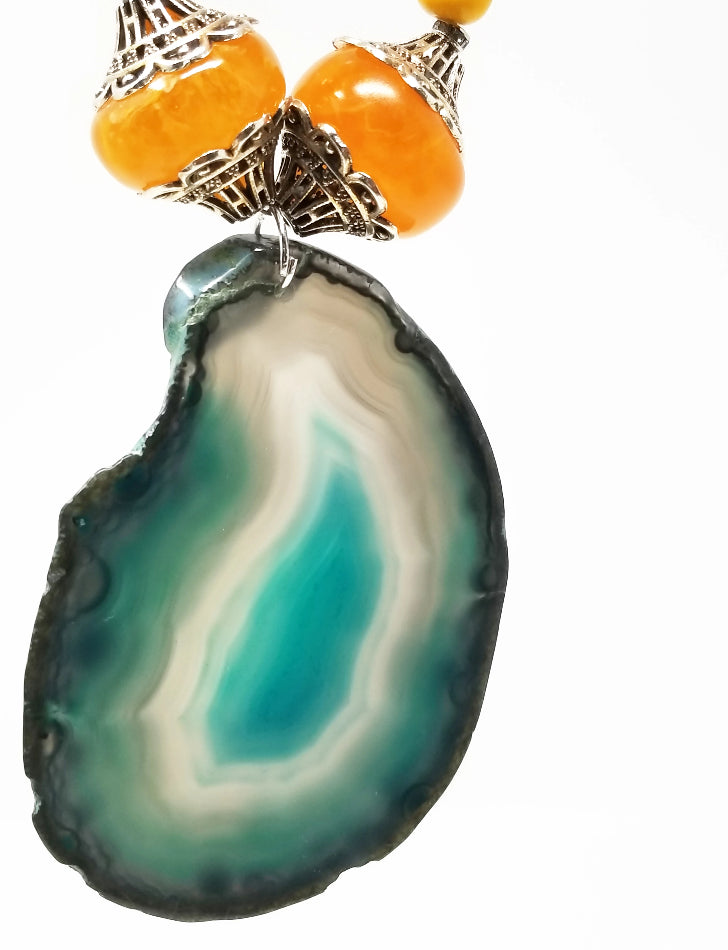 'Mkali' Blue Agate Pendant Necklace with African Amber