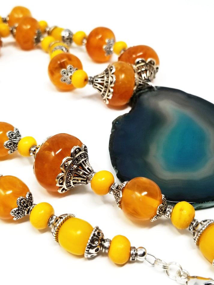 'Mkali' Blue Agate Pendant Necklace with African Amber