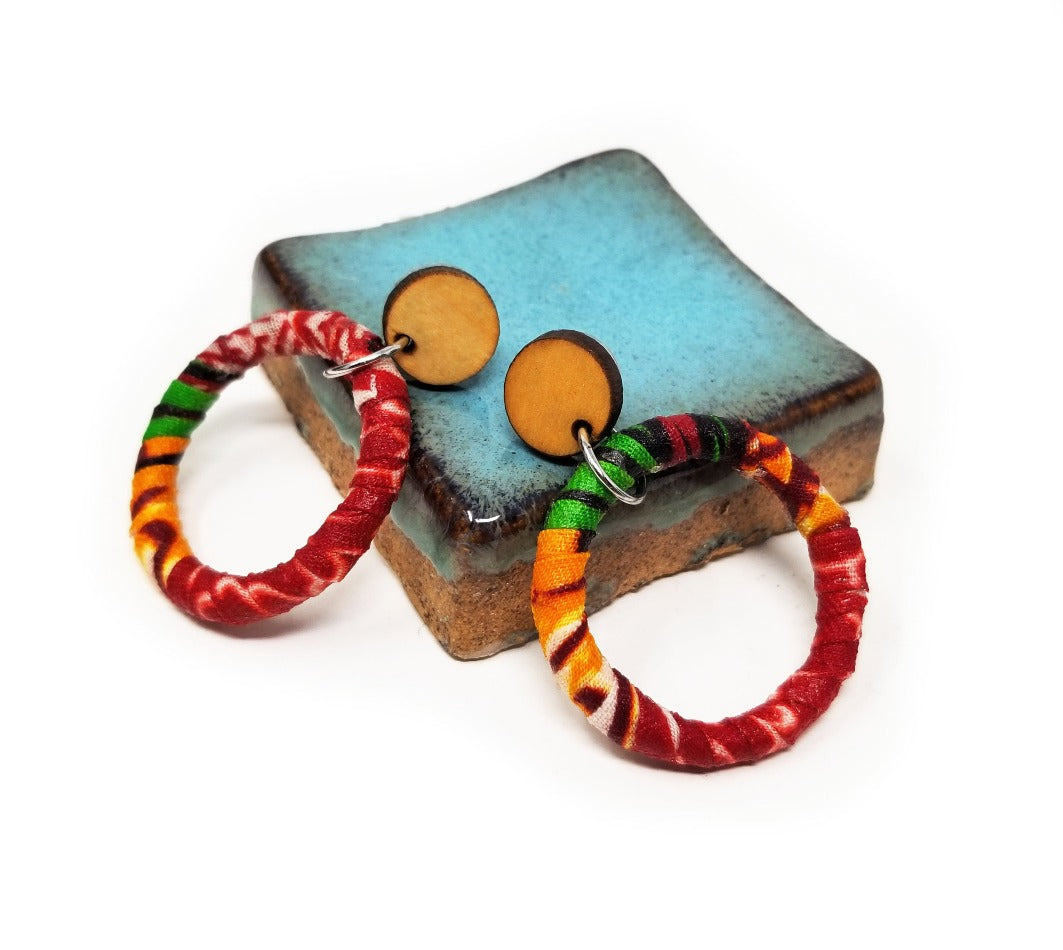 'Naeemah' African Fabric Wrapped Hoop Earrings with Wood Studs