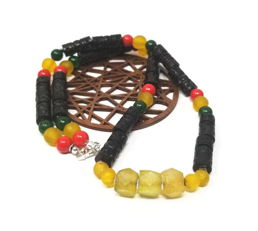 'Lisimba' Yellow Sea Glass and Red Coral Necklace in Black Wood