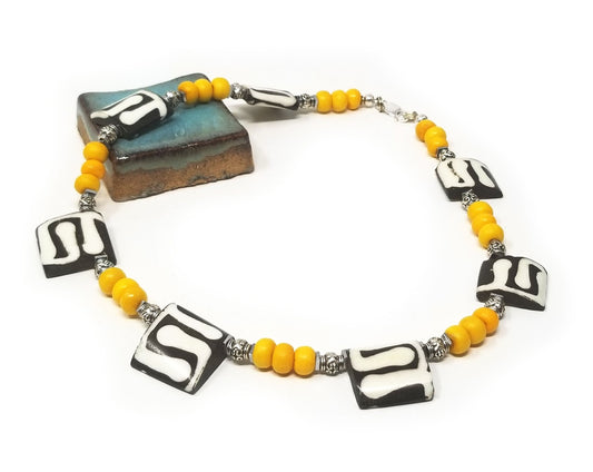'Mwai' Kenyan Batik Bone Necklace in Yellow Amber