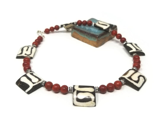 'Mwaka' Kenyan Batik Bone Necklace in Sponge Coral