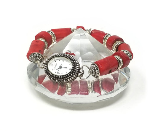 'Mkegani' Natural Red Coral Watch in Silver